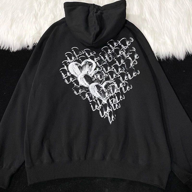 欧美高街爱心印花宽松版连帽卫衣