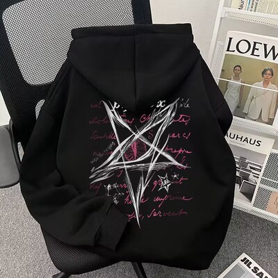 美式高街星星印花连帽卫衣宽松版