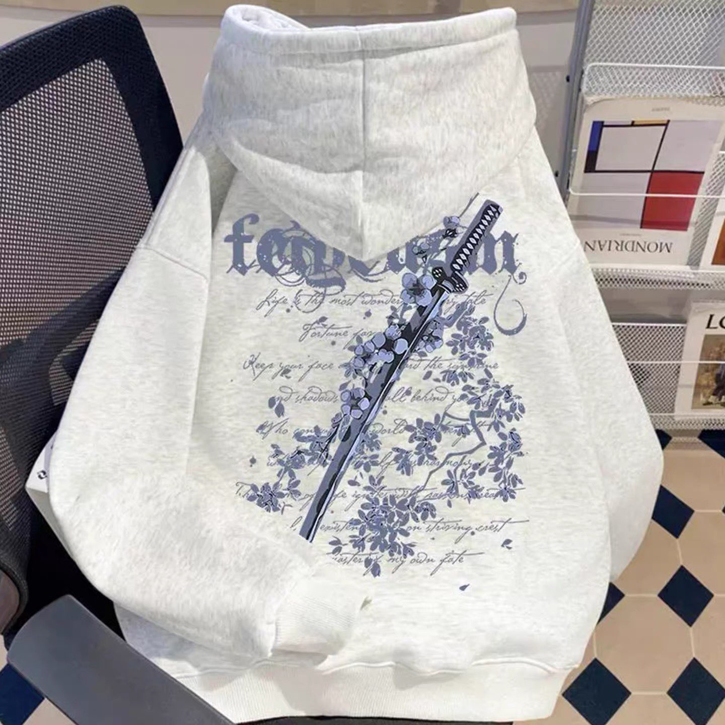 美式复古樱花剑印花连帽卫衣男女