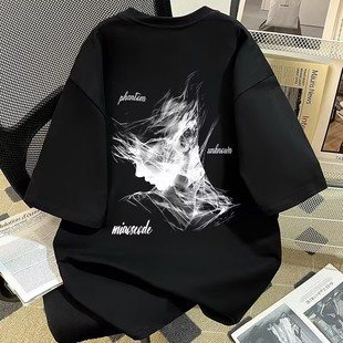 男女t恤慵懒风情侣高街上衣 复古幻形人影印花纯棉短袖 2025款 美式