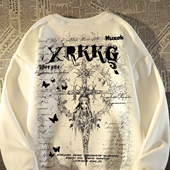 欧美潮牌十字架天使印花长袖 T男春秋复古美式 街头hiphop暗黑上衣