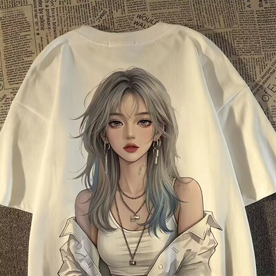 纯棉美式复古动漫女孩印花短袖t