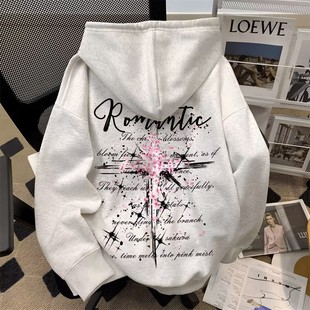 美式 宽松oversize外套 复古高街樱花十字印花连帽卫衣男女秋冬新款