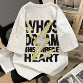 纯棉短袖 仿刺绣闪电英文显瘦T白灰色上衣 美式 t恤男女2025新款 夏季