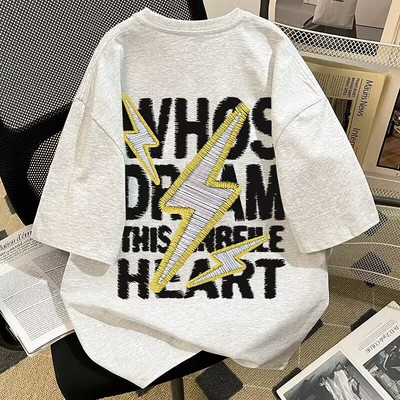 纯棉短袖T男女夏美式仿刺绣闪电