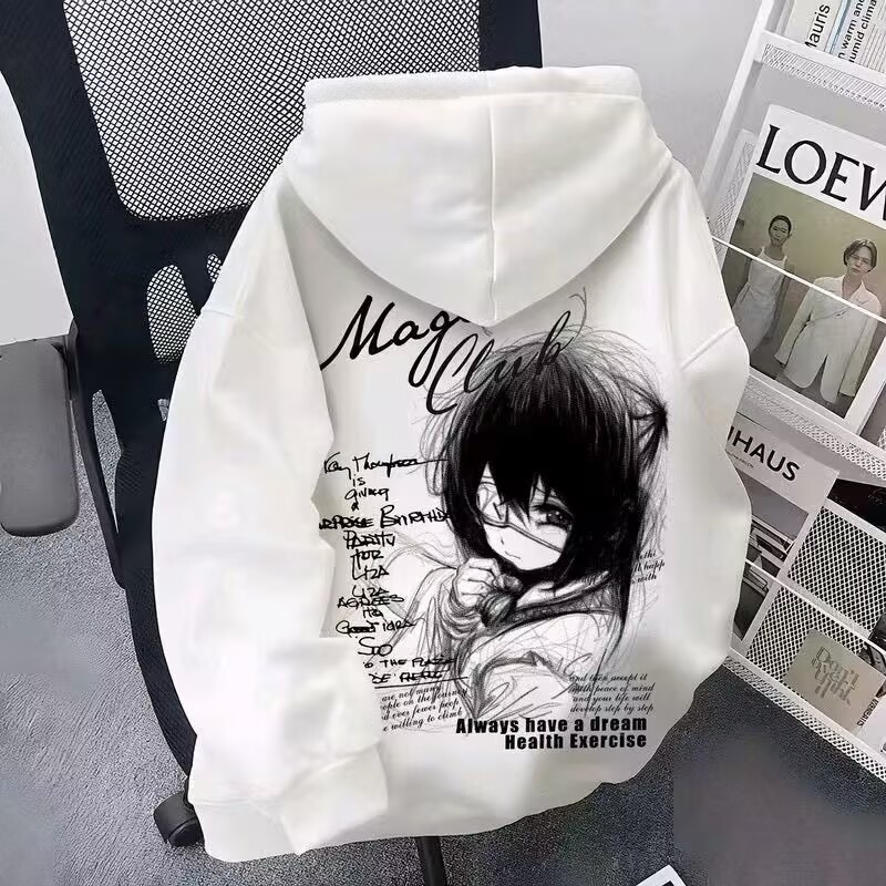 秋冬加绒日系二次元动漫线条女孩印花卫衣男女宽松情侣装运动外套
