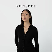 特享7折 SUNSPEL女士秋冬黑色桑蚕丝棱纹翻领真丝针织开衫