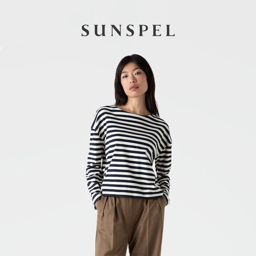 SUNSPEL全棉船领蓝白条纹长袖T恤