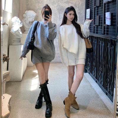 慵懒风圆领毛衣高腰针织套装女