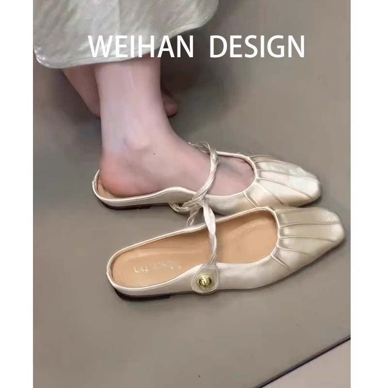 现货羊皮版！法式包头半拖鞋女外穿褶皱高级感玛丽珍鞋穆勒百搭凉