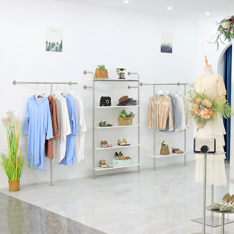 货架展示架上墙壁挂式不锈钢银色侧挂衣架服装店专用陈列架免打孔