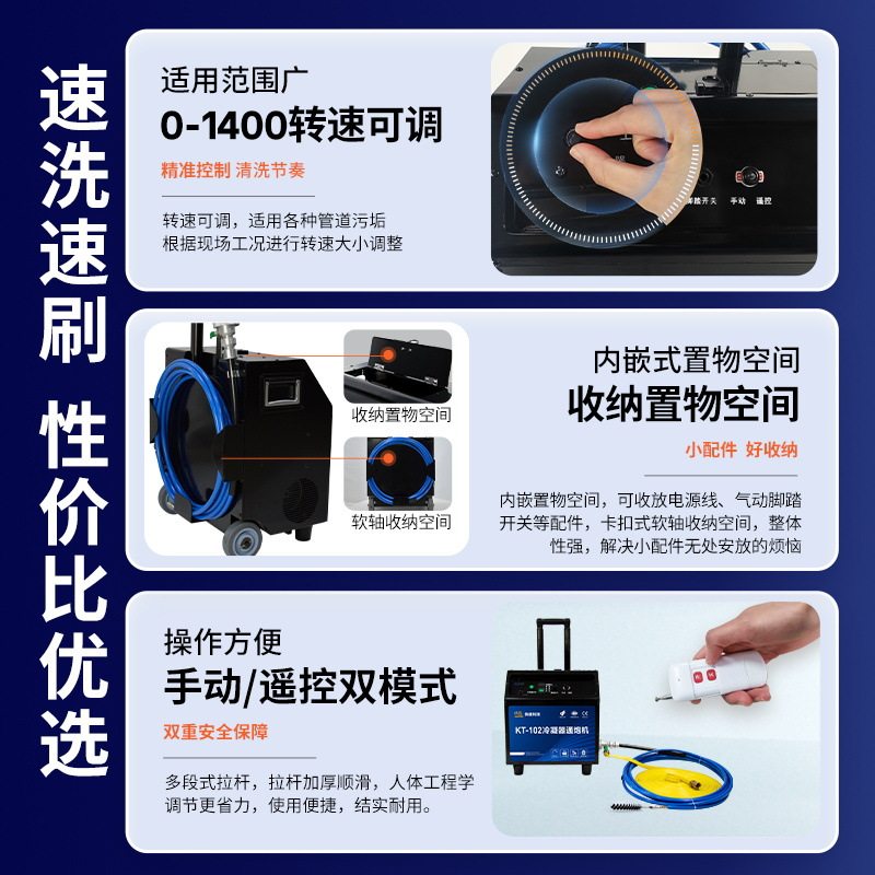 快通工业推车式管道通炮机中央空调冷凝器软轴清洗机电动耐磨包邮