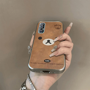 可爱棕熊适用OPPOReno3Pro手机壳新款PCRM00防摔镜头全包男女挂绳电镀外壳创意保护套高级感时尚个性小众情侣