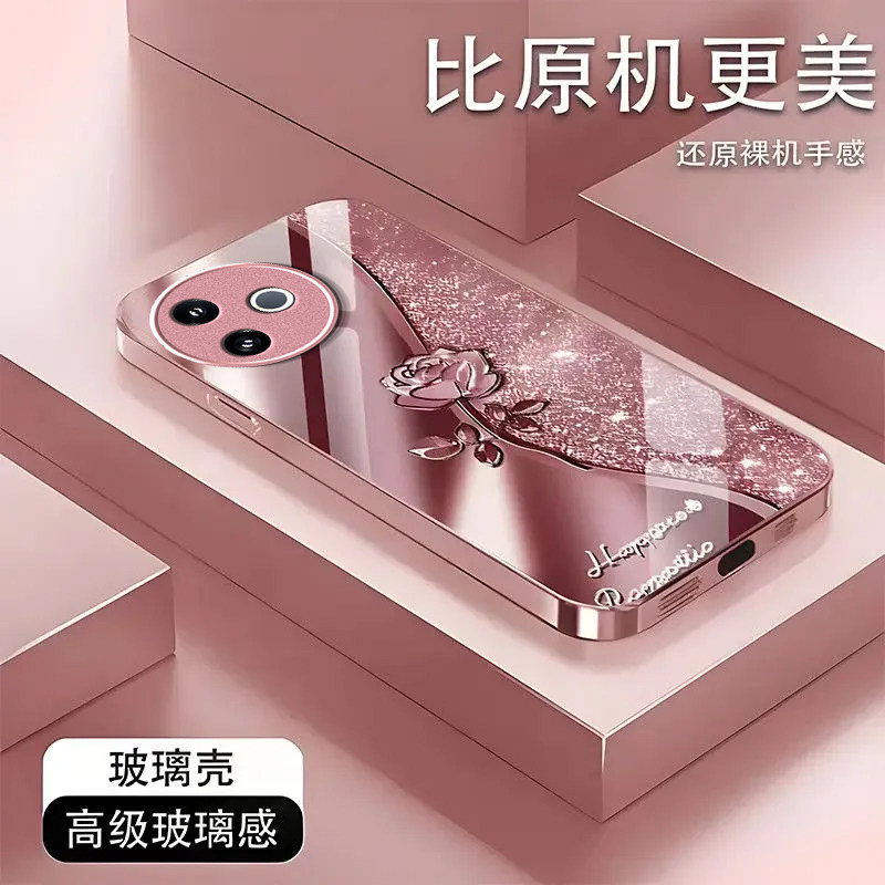 璀璨玫瑰适用vivoY300i手机壳新款V2444A防摔镜头全包男女挂绳液态玻璃保护套高级感时尚硬外壳网红小众情侣
