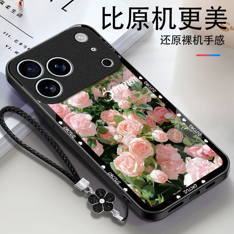 玫瑰花适用苹果17promax手机壳iPhone16/15pro新款14女13mini全包xsmax防摔xr12pro硬壳11玻璃ip6s/7/8plus