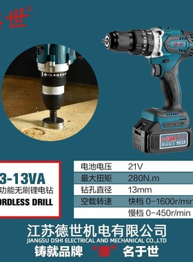 德世电动工具锂电钻3-13VA手电钻打孔冲击钻螺丝刀工业用大扭矩