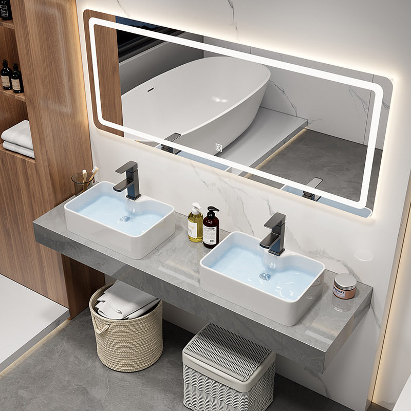 简约挂墙式公共卫生间大理石双盆洗手台盆智能洗漱台洗脸台浴室柜