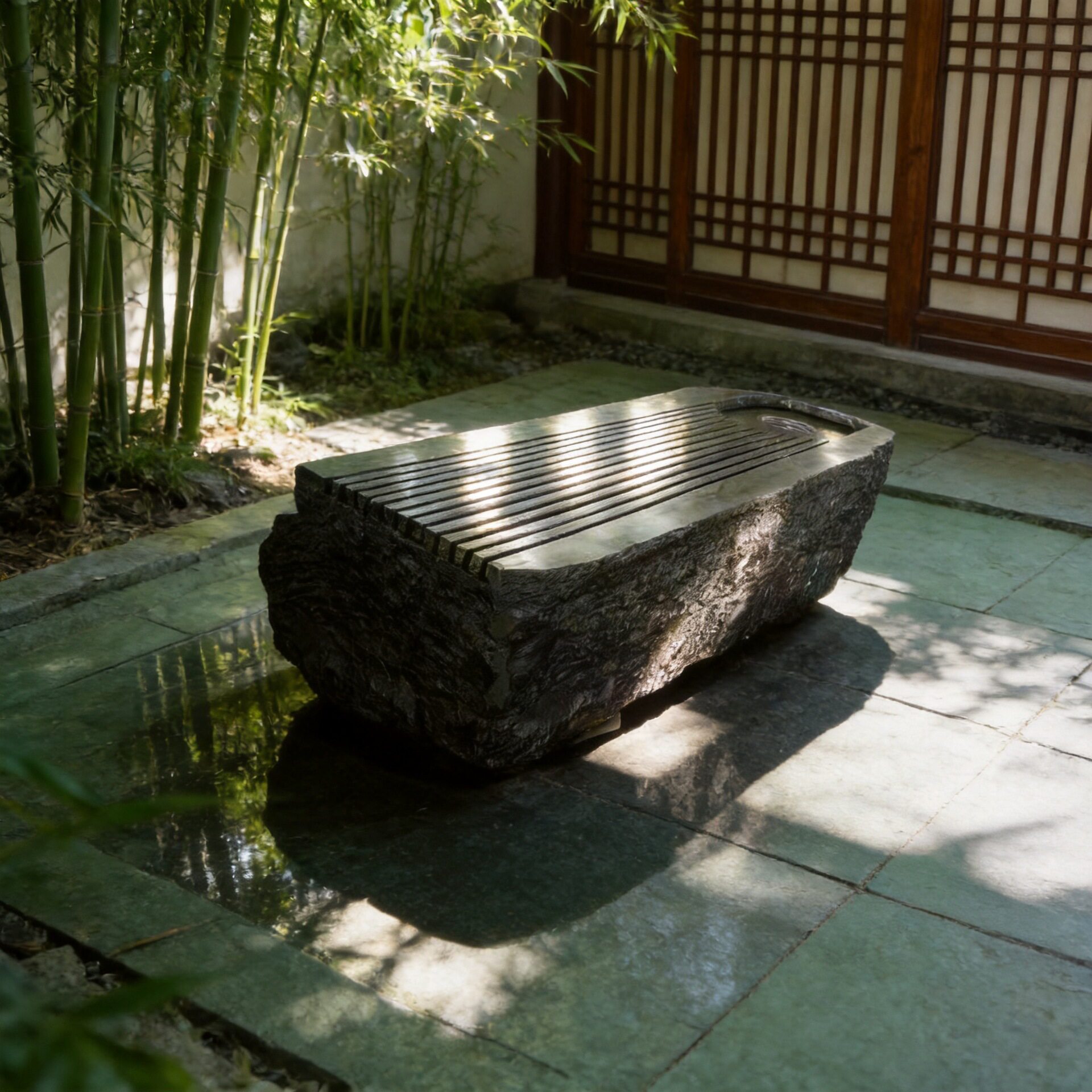 黑山石水钵流水石钵户外造景室内石雕流水摆件水盆涌泉景观石