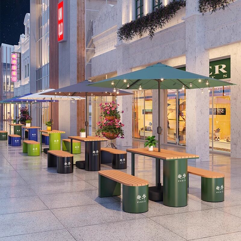 户外铁艺休闲桌椅市政广场商业街售楼部长凳塑木带伞一体餐桌椅