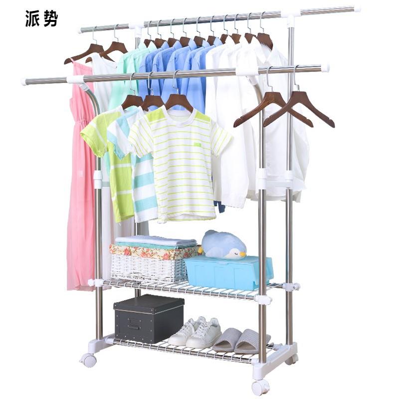 不锈钢晾衣架落地折叠双杆式室内移动家用阳台小型双层晒挂架子
