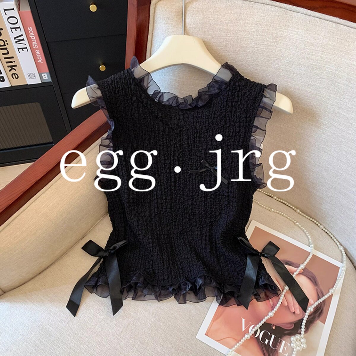 韩国EGG JRG黑色蕾丝木耳边背心女夏款蝴蝶结吊带无袖裙摆上衣