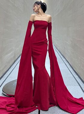 AcuDA红色妖姬抹胸拖地长款小拖尾连衣裙礼服敬酒服走秀夏季新款