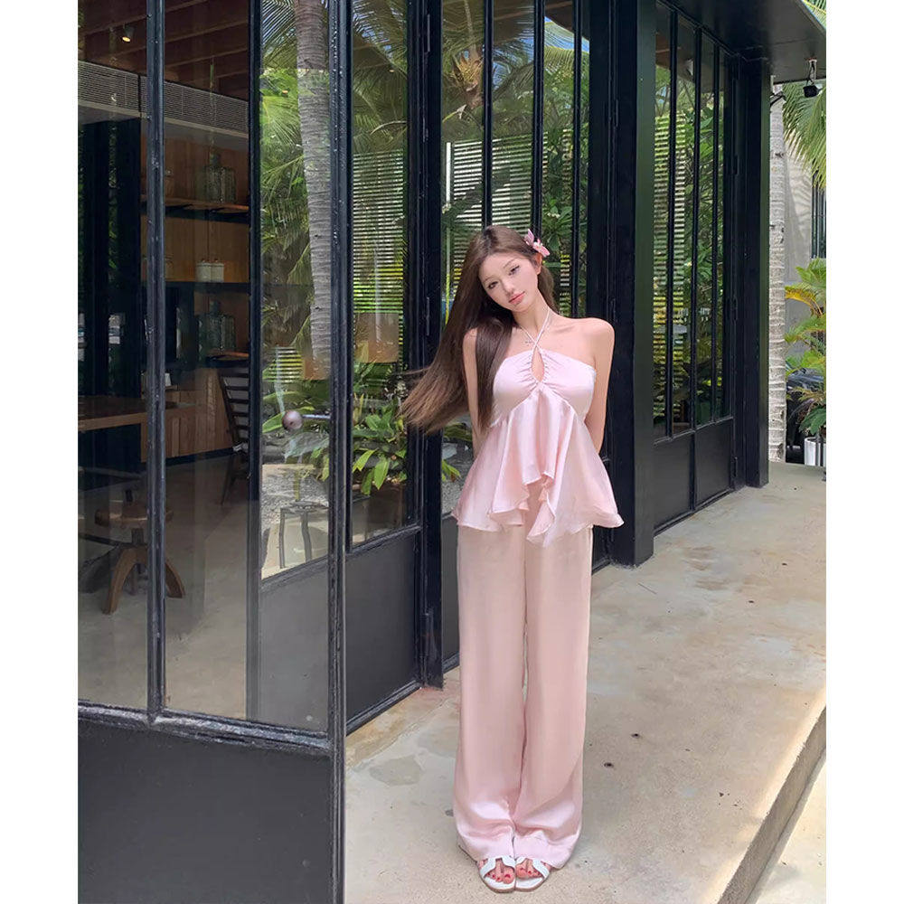 小众套装粉色纯欲修身挂