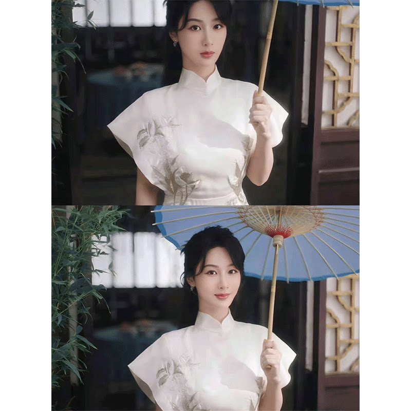 杨紫明星同款白色刺绣重