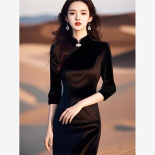 冬季新中式国风改良旗袍轻奢高级感高端气质女神范黑色丝绒连衣裙