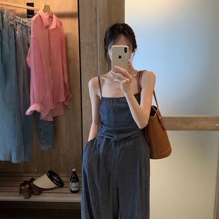 宽松阔腿裤 牛仔裤 港风复古小众吊带连体裤 女春夏季 新款