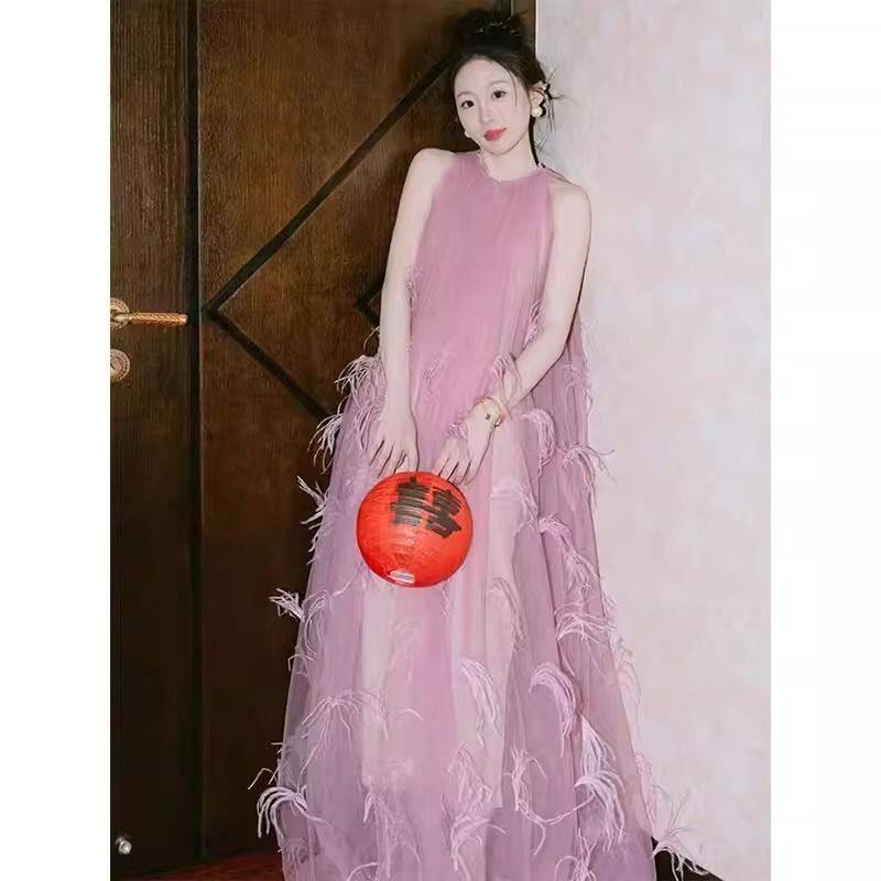 新中式晨袍新娘女结婚敬酒服订婚礼服高级奢华羽毛光泽睡袍连衣裙