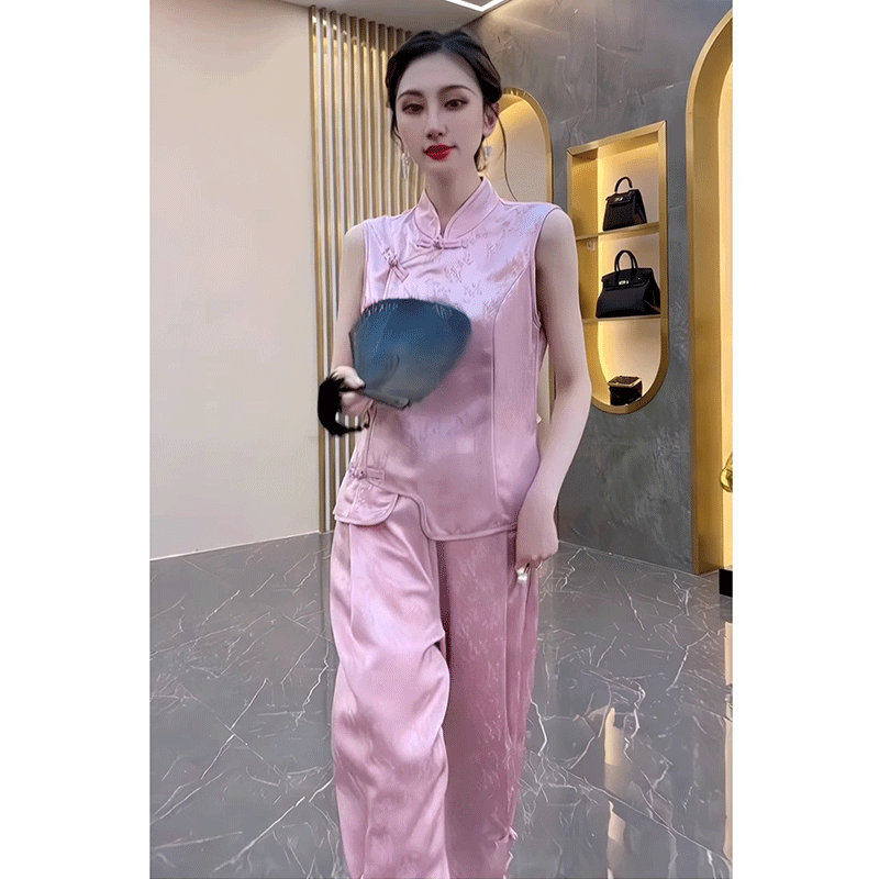 2025国风新中式高级感小洋装气质上衣阔腿裤子名媛两件套装女夏款