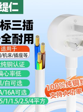三3芯电源线插头带线国标纯铜大功率10A/16A单头裸尾1.5/1/4平方