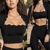 花瓣系列 方领花边上衣显瘦长袖 普拉提瑜伽裤 健身套装 带胸垫女