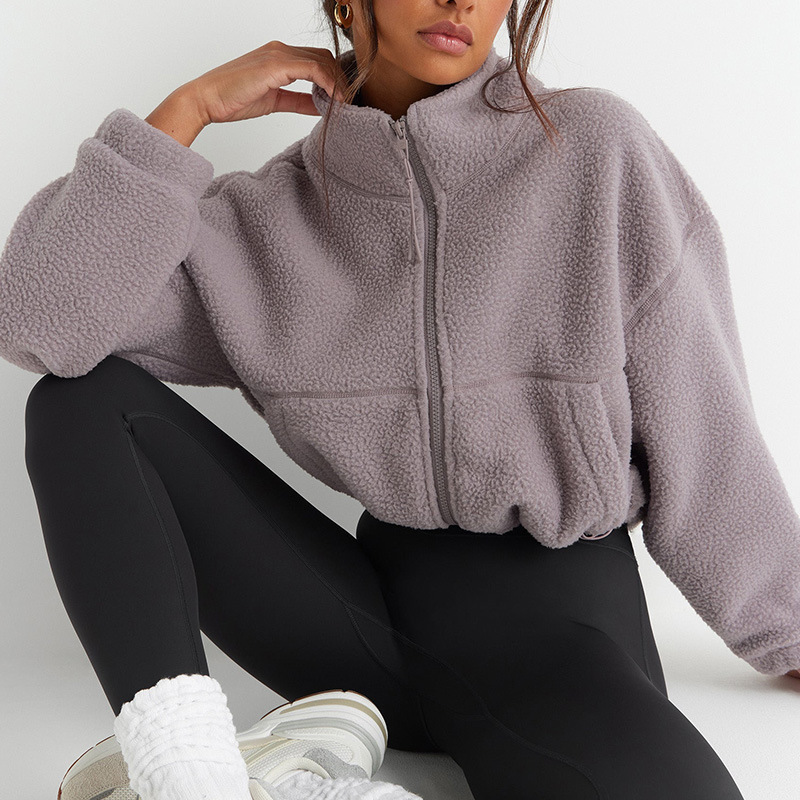 秋冬户外摇粒绒运动外套女立领修身保暖健身跑步休闲短款