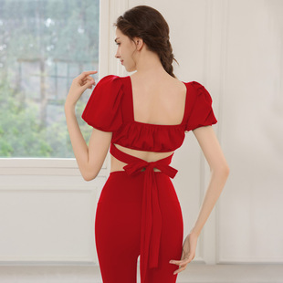 【中国红系列】红色短袖上衣套装女美背聚拢训练泡泡袖运动恤