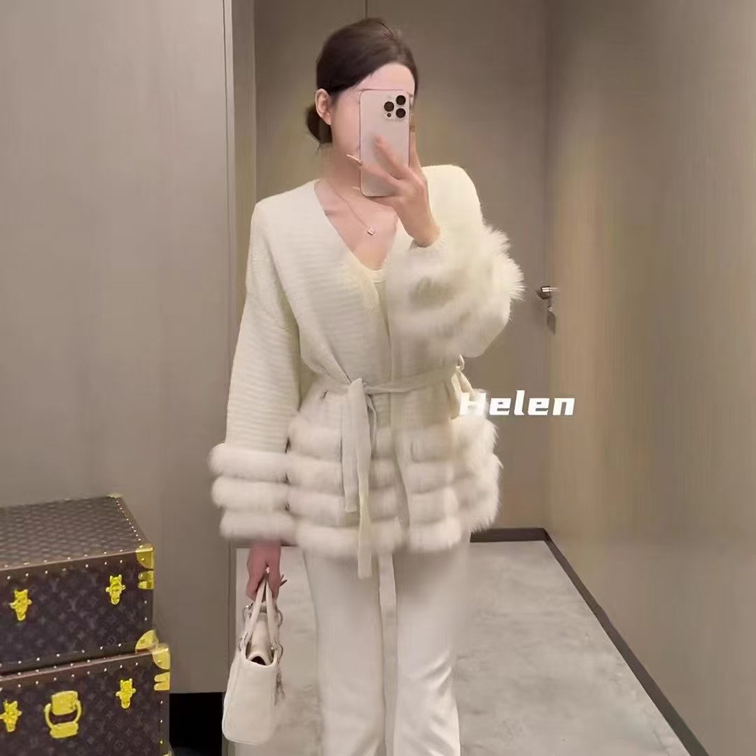 新款时尚慵懒迷人温柔气质毛毛拼接V领系带针织开衫上衣秋冬外套