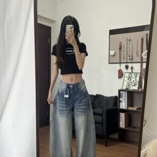 浅蓝色水洗阔腿牛仔裤女2026夏季新款猫须设计宽松显瘦拖地弯刀裤