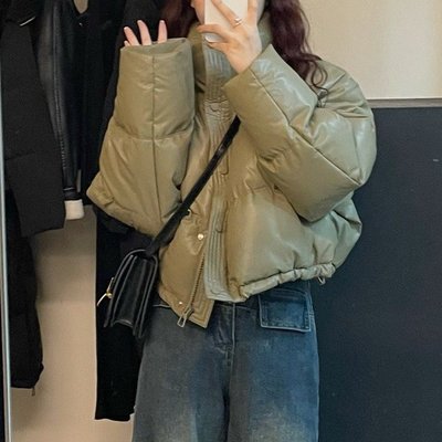 免洗pu皮羽绒服女短款2025新款冬季加厚立领面包服小个子肯豆外套