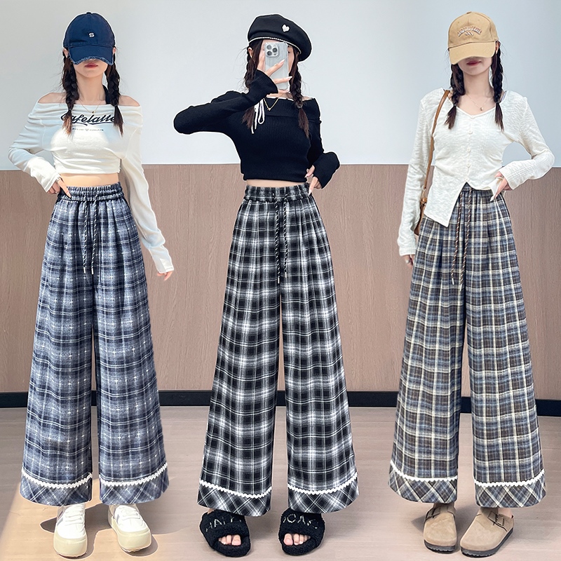 实拍花边格子阔腿裤女2025秋季新款百搭宽松显瘦休闲裤垂感直筒裤