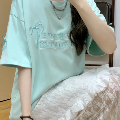AONW夏季薄荷曼波 蝴蝶结刺绣字母短袖T恤女宽松慵懒上衣