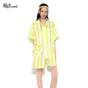黄白条纹家居服睡衣套装 WildRooms春夏兰精天丝新款 女士