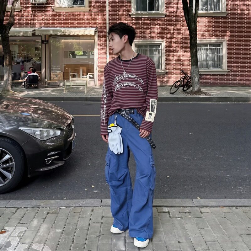 复古千禧风条纹贴布撞色印花长袖T恤宽松上衣男女秋季软糯显瘦图片