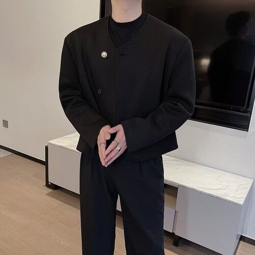 痞帅风男模外套小香风垫肩开春秋短款高级设计感小众无领正肩夹克