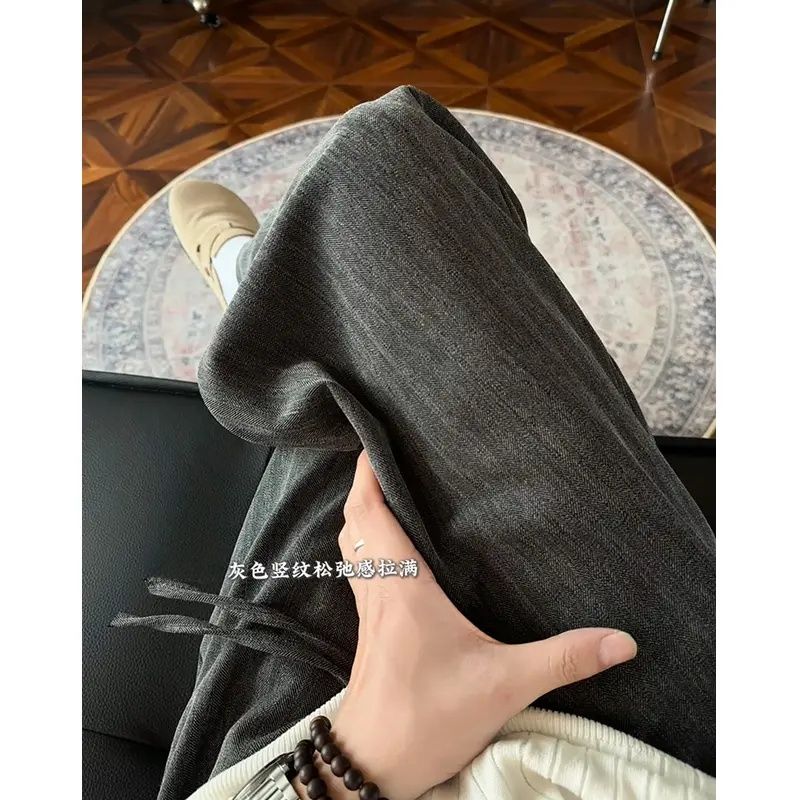 黑灰色人字纹西装裤女秋冬小个子休闲直筒裤九分窄版毛呢阔腿裤潮
