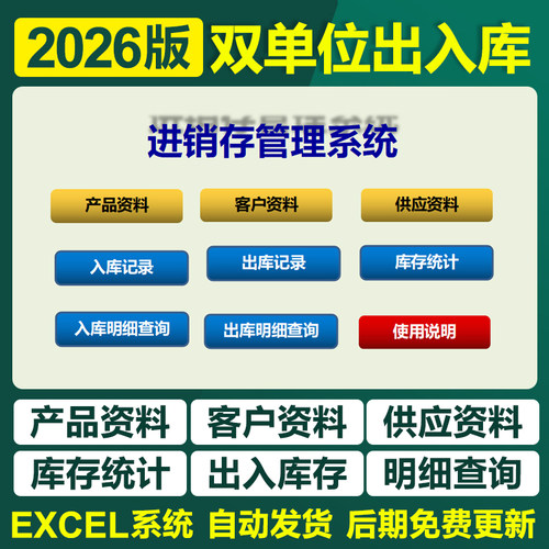 2026年双单位出入库存管理EXCEL系统仓库进销存软件领用库存盘点