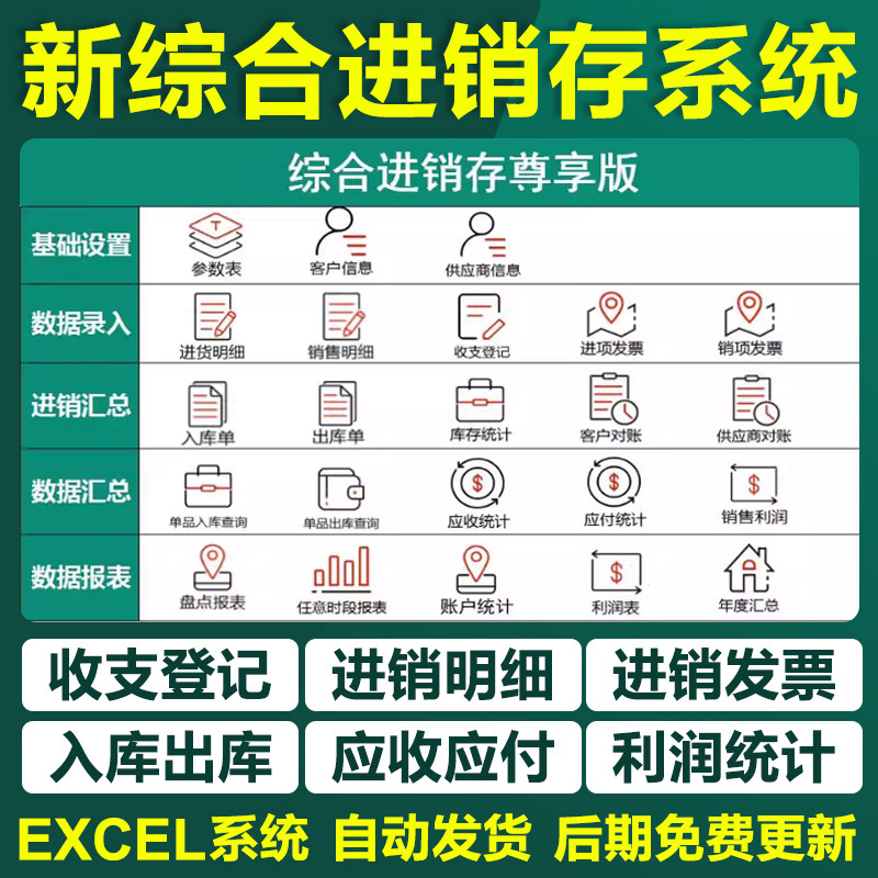 excel综合进销存管理表格系统软件进销存流水账一体化仓库出入库