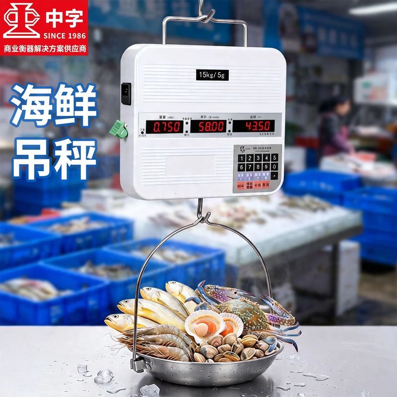 广州中字牌海鲜水产吊秤电子秤商用带盘挂称不锈钢防水吊钩秤吊磅