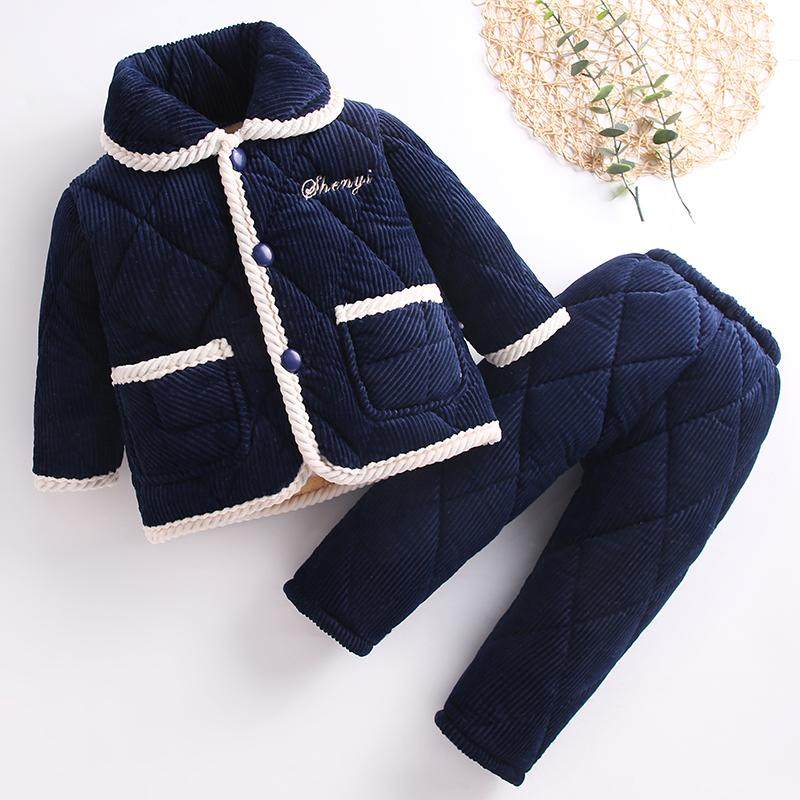 全棉纯棉儿童睡衣冬季男童女童珊瑚绒三层夹棉加绒加厚款宝宝法兰