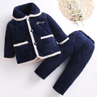 全棉纯棉儿童睡衣冬季男童女童珊瑚绒三层夹棉加绒加厚款宝宝法兰